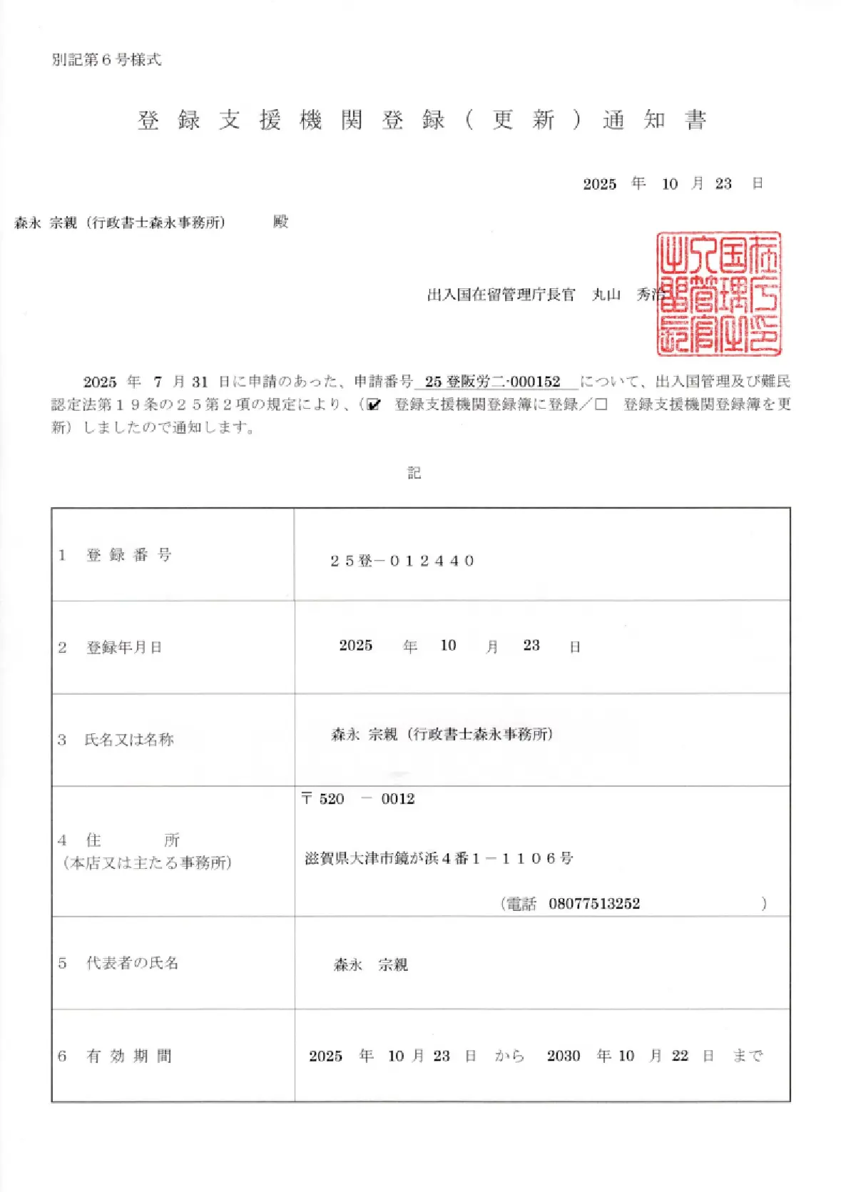 登録支援機関登録(更新)通知書